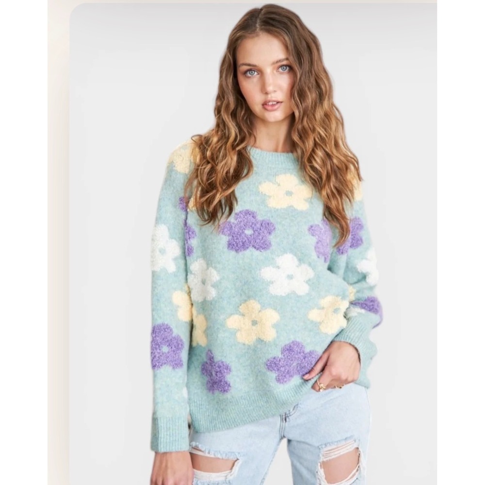Adora Floral Knit Sweater Sage Green Purple Yellow 3D Flower Pullover L